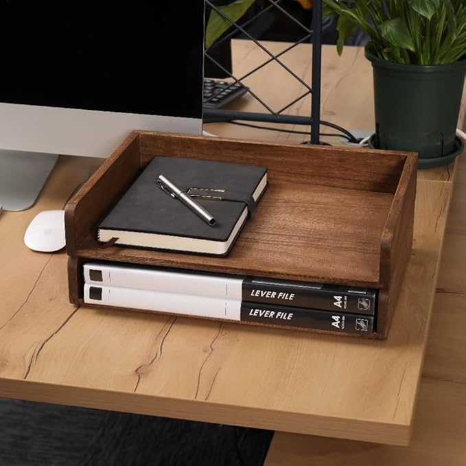 DDYURI Desktop File Trays Stackable Paper Tray for Letter/A4 Size Magazine - Wood Office Document Organizer Shelf - Wooden Folder Organization Rack Desk Tray Pack of 2 Dark(2CTP-DK)