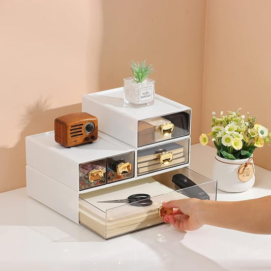 Spacious Desk Drawers, Stackable Desktop Organizer, Plastic Storage Box for Office, School & Home Supplies (1 Middle & 2 Small Drawers, White)