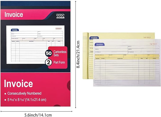 XKDOUS 2 Pack Invoice Book, 2-Part Carbonless, 5-9/16" x 8-7/16" Invoice Receipt Book for Small Business, 50 Sets per Book