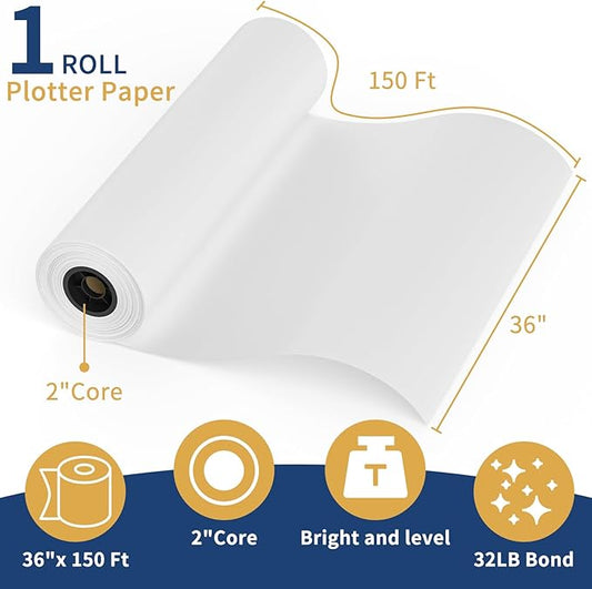Wide Format Paper Roll,36" x 150 ft Plotter Paper with 2 Inch Core for CAD and Inkjet Printing Premium Bond Papers for Engineering Architectural and Maps(1 roll)