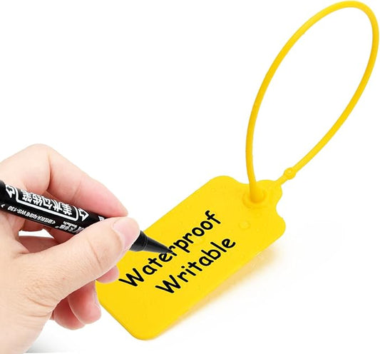 100 Yellow Blank Plastic Tags for Labeling Waterproof Hanging Labels Writable Tags Seal Plastic Marking Label for Clothes Bags Keys Inventory with One Marker Pen