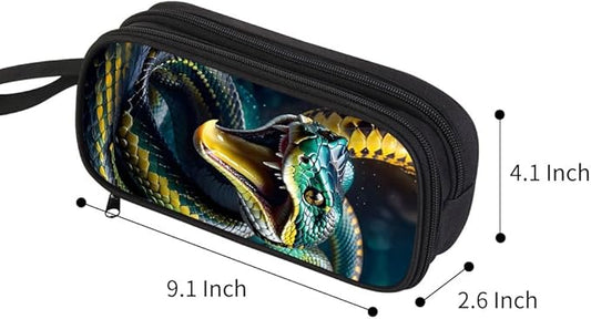 HiMagics Children's Pencil Case, Large Zipper Pencil Pouch for Boys with Two Compartments Boys Pen Pouch for School Snake Pattern Pencil Bag, Black