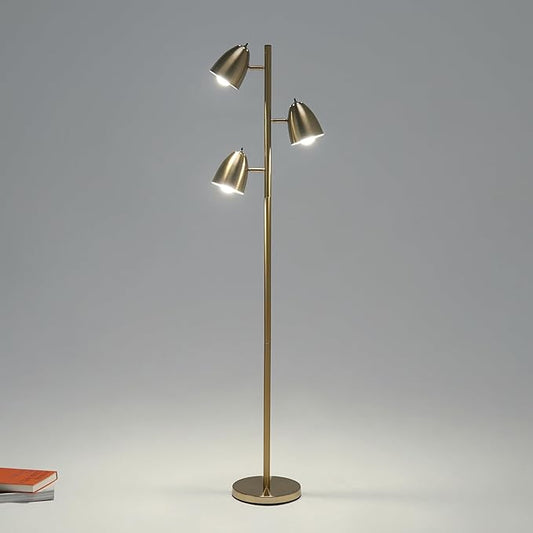 Brightech Jacob LED Standing Lamp, Modern Bright Floor Lamps for Living Rooms & Bedrooms, Tall LED Lighting Lamp with Adjustable 3 Light Tree – Antique Brass/Gold