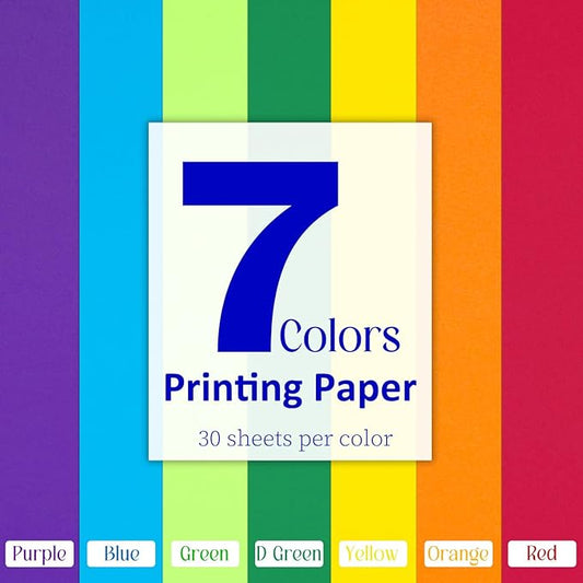 Colored Copy Paper 8.5X11 Inches,140 Sheets 20 lb/80GSM 7 Colors Rainbow Letter Size Printer Multipurpose Paper for Office School Education Daily Printing,Document Copying,Study