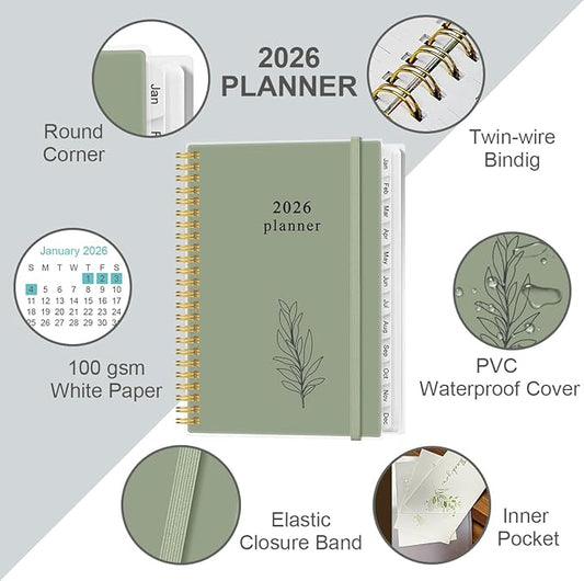 2026 Planner - Planner 2026 from January 2026 - December 2026, Weekly & Monthly Planners Spiral Bound with 12 Monthly Tabs, Inner Pocket, 6.4" x 8.5", Green