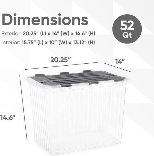 Superio Storage Bins with Lids, Clear Plastic Containers for Organizing, Stackable Totes, BPA Free, Odor Free, Organizer Boxes for Home, and Dorm, 53 Quart (4 Pack, 20.25"x14"x14.6")