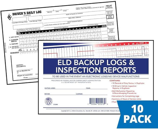 ELD Backup Driver Log Book 10-pk. with Detailed Driver Vehicle Inspection Report & Daily Recap - Book Format with 10 Sets, 2-Ply Carbonless, 8.5" x 5.5", J. J. Keller & Associates, Inc.