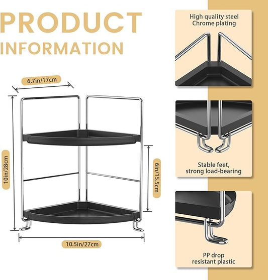 JANUS LiANG 2-Tier Bathroom Organizer Countertop Corner - Makeup Organizer Cosmetic Perfume Holder Bedroom Storage Shelf or Kitchen Spice Rack (Chrome + Black)