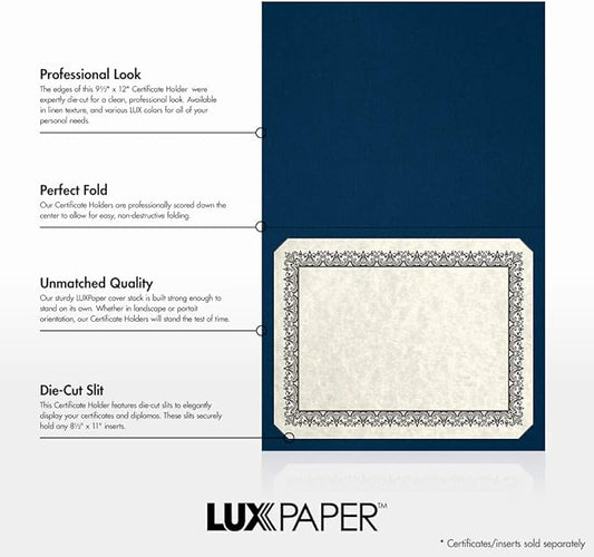 LUXPaper 9.5" x 12" Certificate Holders | Nautical Blue Linen | 100lb. Cover | 100 Qty