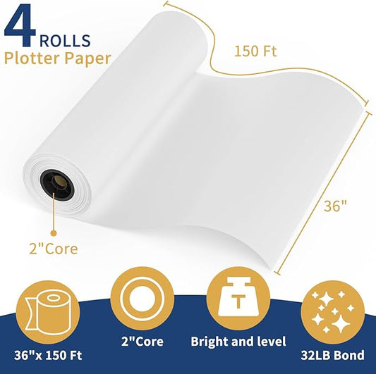 SJPACK Wide Format Paper Roll,36" x 150 ft Plotter Paper with 2 Inch Core for CAD and Inkjet Printing Premium Bond Papers for Engineering Architectural and Maps(4 roll)