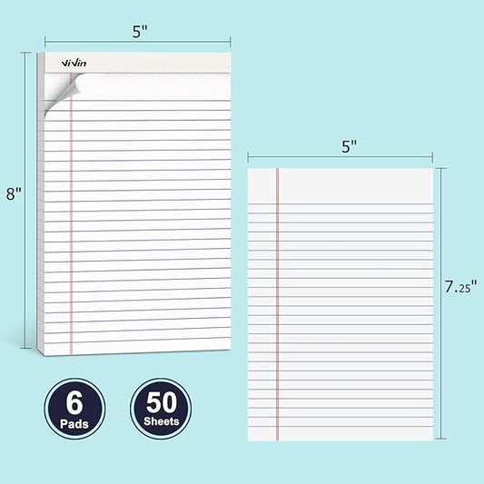 ViVin 5 x 8 Inch Legal Pads, 6 Pack, Narrow Ruled, 50 Sheets Per Writing Pad, Perforated Note Pads Ideal for Home, Office, Business, 300 Sheets, White Paper