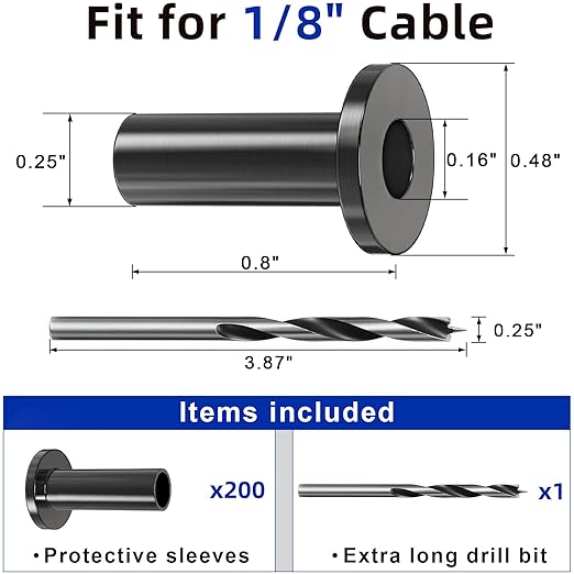 200 Pack Cable Railing Protector Sleeves for 1/8โ Deck Railing System, Black Cable Railing Kit Hardware for Wood Post, T316 Stainless Steel Marine Grade DB58