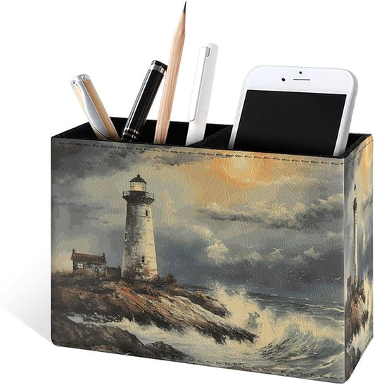 Famame Lighthouse Vintage Sea Pencil Holder for Desk, Leather Desktop Container Pen Cup Storage Study Table Pen Organizer Makeup Brush Holder for Classroom Office Home