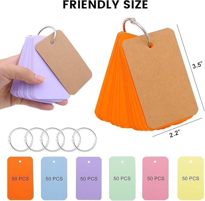 Koogel 300PCS Flash Cards with Key Ring, Colored Index Cards for School, 2.2 x 3.5 Inch, Small Portable Notecard for Studying Nursing Classroom Office Home Note Taking To Do List Essentials, 6 Colors