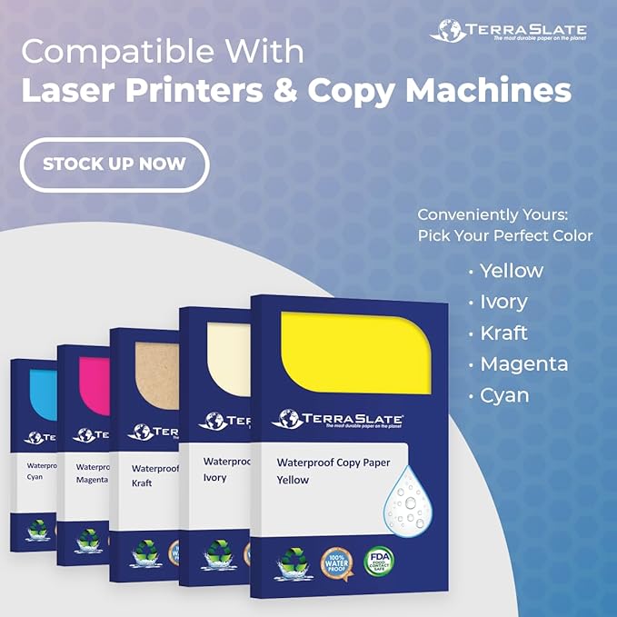 TerraSlate Waterproof Paper, Rip-Proof Colored Paper, Magenta Pink, 25 Sheets, 5 MIl (24 lb Bond), 8.5" x 11", Laser Printer and Copy Machine Compatible