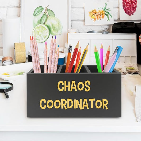 XPH Chaos Coordinator Black Yellow Pen Pencil Holder Organizer for Desk, Thank You Gifts for Women Men Coworkers Boss Leader Manager, Appreciation Gifts Wooden Box Sign for Desk Tabletop Decorations