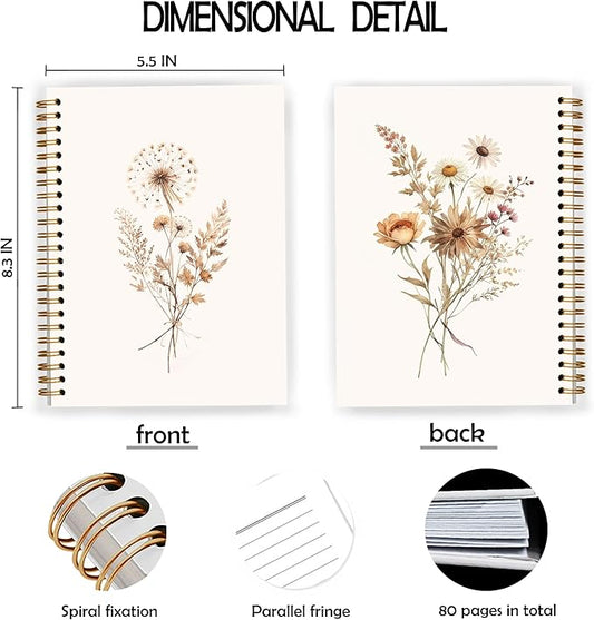 JWVK Boho Floral Spiral Notebook, Rustic Neutral Flower Herbs Notebooks for Note Taking, Cottagecore Wildflower Botanical Journal for Women, Boho Office Supplies, 5.5x8.3 Inch