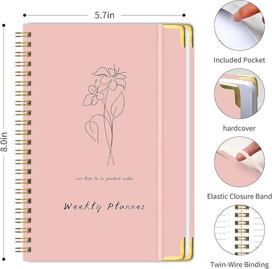 Undated Weekly Planner with Metal Corner Hardcover Notebook , A5 Size Journal with To Do List Planner, Habit Tracker,Weekly Goals for ADHD,Student, Office, Women, Men ,Gifts,6 x 8 inches,Spiral Bindding ,Pink