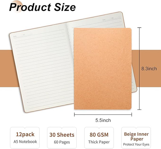 miikoul 12 Pack A5 Kraft Paper Notebook Lined Journal Bulk, 8.3 X 5.5 Inch, 60 Pages/30 Sheets, 80gsm, Travel Notebook Notepad for Adult, Students, Gift, Office, Back to School Supplies