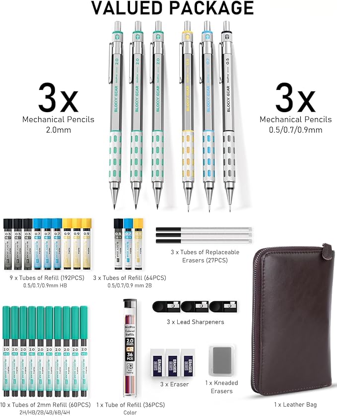 Nicpro Blocky Gear Metal Mechanical Pencil Set with Leather Case (40PCS)