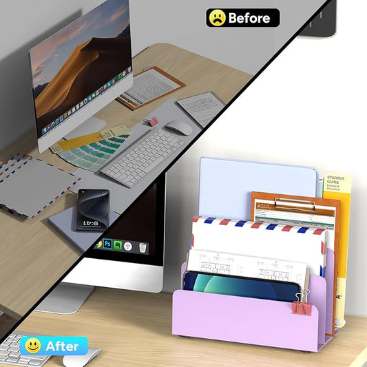 OUTIOE Mail Organizer Countertop, Small Desk File Organizer, Metal File Holder - Essential Workspace Organizers for Office Desk, Home Office (Purple)