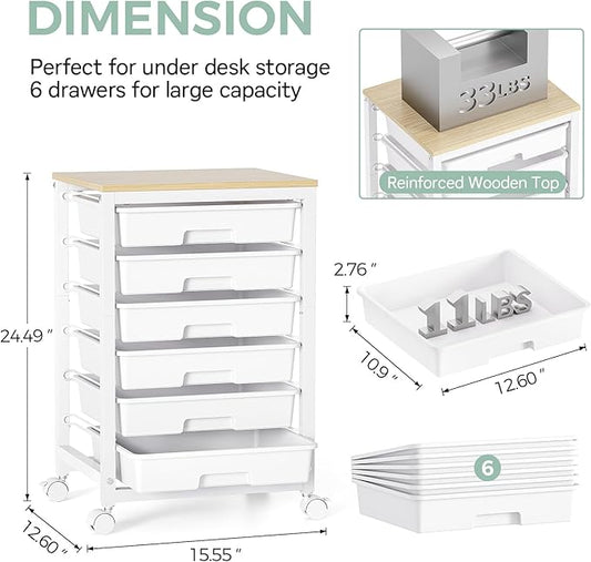 SYKIARIOL Rolling Storage Utility Cart with 6 Drawers and Wooden Tabletop for Under Desk Storage,White