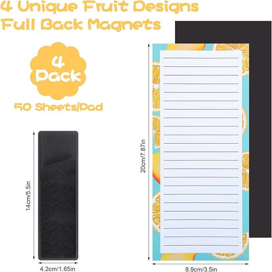 Thboxes 4 Pack Magnetic Note Pad for Fridge with Pen Holder, Totally 200 Sheets Grocery List Magnet Pad for Refrigerator Magnetic Shopping List Pad(Fruit Design)