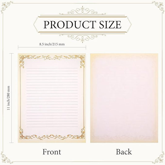 Sabary 200 Sheets Lined Stationary Writing Paper 8.5 x 11 Inch Fancy Vintage Stationery Letters Paper Lined Antique Retro Sheets for Letters Invitations Resume(Gold)