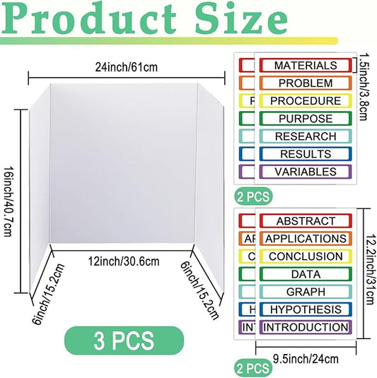 Trifold Display Boards with Colorful Self-Adhesive Sheets – 24 x 16 Inch Tri-Fold Corrugated Presentation Boards for Science Fairs, Complete Poster Board Kit