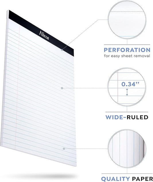 Alitte Legal Notepads 8.5 x 11, Pack of 3 - Perforated Wide Ruled Writing Pad - Premium Thick Paper, No Ink Bleeding - Blank Legal Pads For Home, Office, School, Business - 50 Sheets Per Notebook