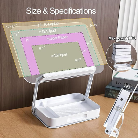ZOEY Acrylic Book Stand for Reading Adjustable Book Holder with 360 Rotating Base and Storage Foldable Desktop Riser Stand for Cookbook Laptop Tablet Textbook Music Score with Page Clip 13.4x9.3x2.8in