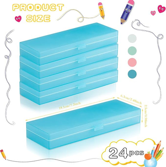 Fainne 24 Pcs Plastic Pencil Case Bulk Pencil Boxes Plastic Stationery Case Frosted Pen Box Pen Holder with Hinged Lid Snap Closure for Office(Single Layer,Blue,7.09 x 2.36 x 0.98 Inch)