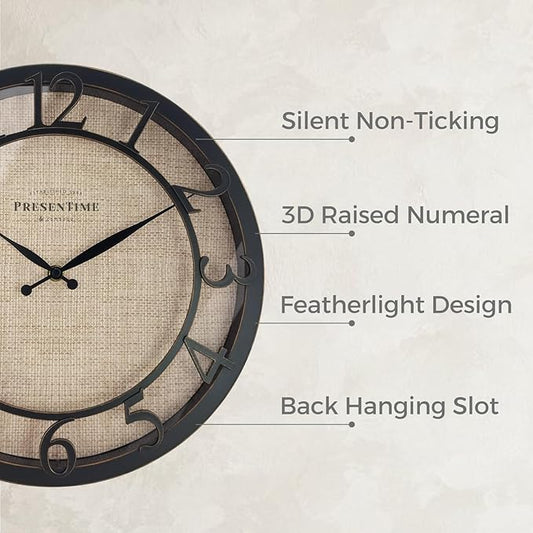 Presentime & Co 13" Farmhouse Series Wall Clock, Cottage Style, Faux Burlap Design, Silent No Ticking, Oil Rubbed Antique Bronze Finish