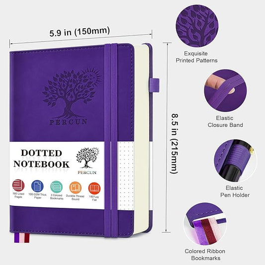 PERCUN Dotted Journal Notebook for Men & Women, 160 Pages Dot Grid notebook for Note Taking, Bullet Journaling Notebook for Work, School, Travel, Writing, A5 Hardcover 5.9" x 8.5" (Purple)