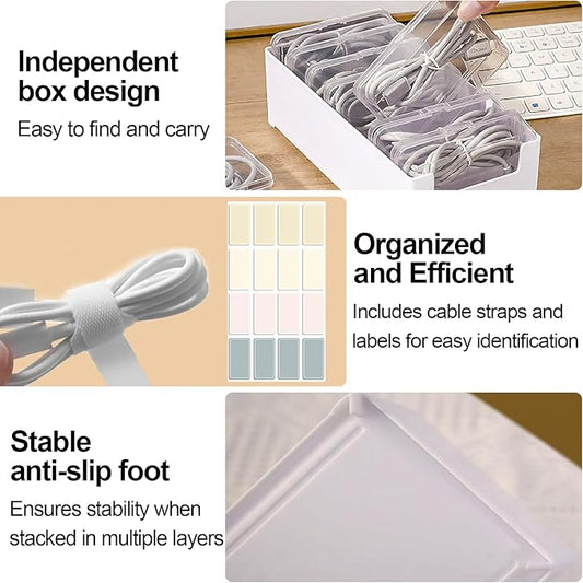 11 Cable Organizer Box with Labels, Cord Storage Organizer for Desk Drawer,Includes 20 Ties & 32 Labels, Office Home Multi-Purpose Organizer
