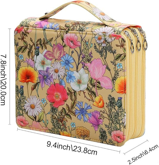 Vomgomfom Colored Pencil Case - 124 Slots Pencil Holder with Zipper Closure Twill Fabric Large Capacity Pencil Case for Watercolor Pens or Markers, Pencil Case Organizer for Artist (Yellow Flower)