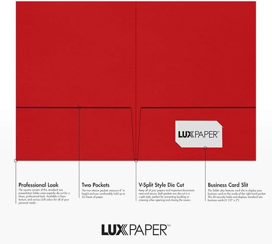 LUXPaper 9" x 12" Presentation Folders | Two Pocket | Ruby Red | 100lb. Cover | 10 Qty