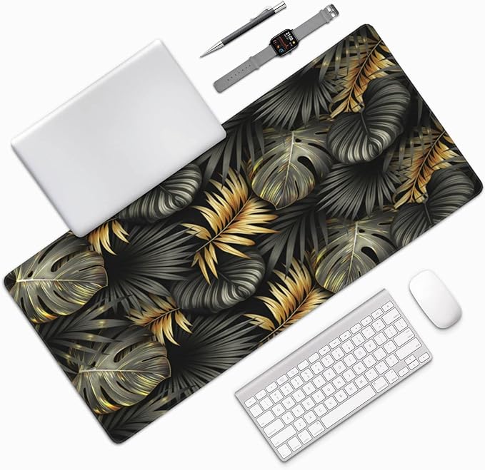 CANFLASHION Gaming Mouse Pad,Large Mouse Pads for Desk,Non-Slip Rubber Base Extended Mousepad,XXL Keyboard Mouse Mat,Stitched Edges Computer Keyboard Desk Pad,35.4x15.8inch,Black Gold Tropical Leaves