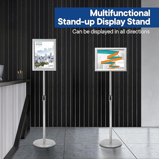SENZHIYI Adjustable Poster Stand Holder Heavy Duty Snap Open Aluminum Pedestal Floor Standing Sign Holder Vertical and Horizontal View Sign Displayed, 11x17 Silver(2pack