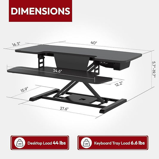 SANODESK 40" Electric Standing Desk Converter, Height Adjustable Riser for Office Home,Dual Monitor and Laptop Workstation with Large Keyboard Tray, Black Color