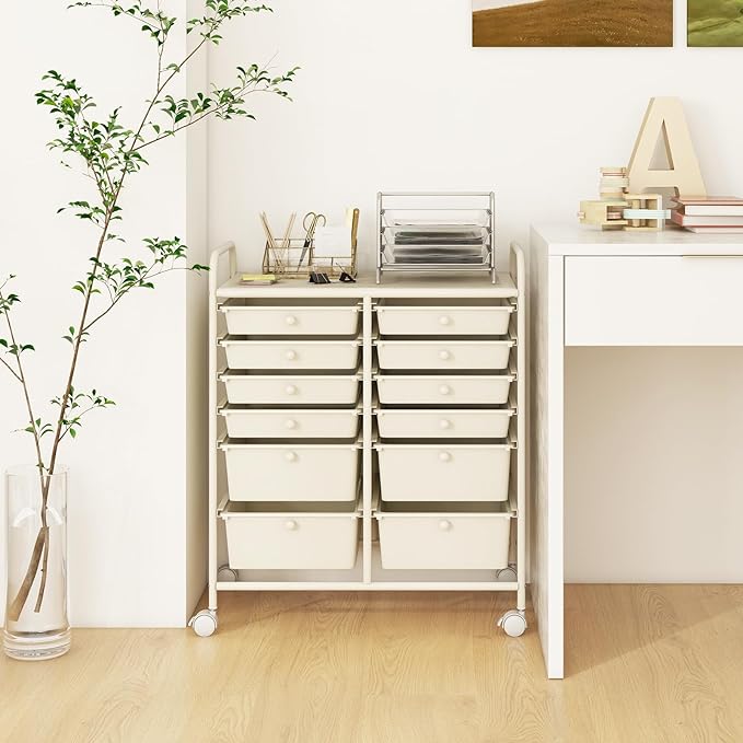Happygrill 12-Drawer Rolling Storage Cart, Multipurpose Storage Cart W/Lockable Wheels, 2 Sizes Plastic Drawers & Metal Shelf, Mobile Utility Cart for Home Office School (Ivory)