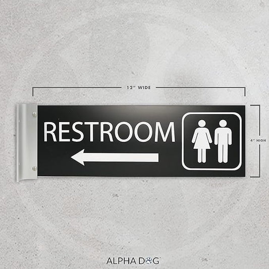ALPHA DOG SIGNS Corridor Projecting Hallway Bathroom Sign, Left Arrow, 4"x12" Double Sided, Indoor/Outdoor, Easy Install, Durable Business Wayfinding Plaque, USA-Made (Black)