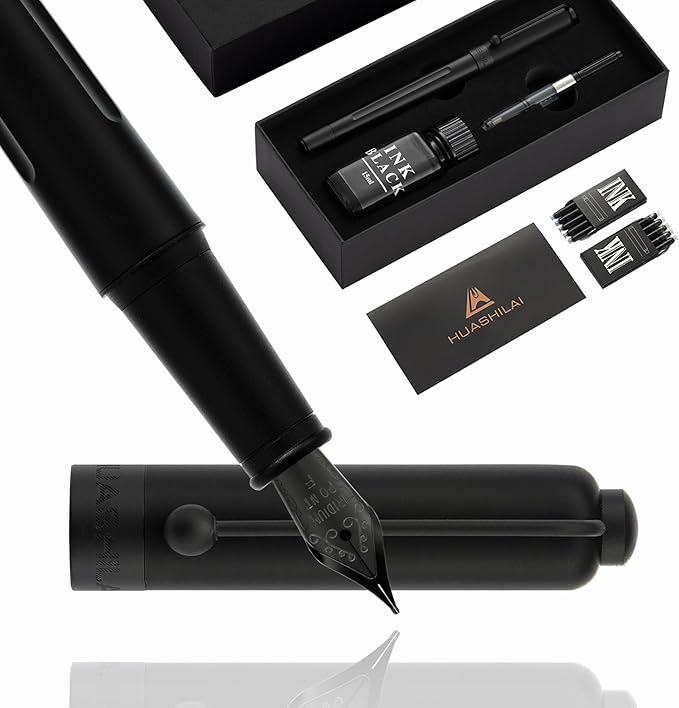 HUASHILAI Luxury Matte Black Fountain Pen Set, Fine Nib