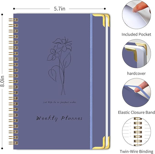 Undated Weekly Planner with Metal Corner Hardcover Notebook , A5 Size Journal with To Do List Planner, Habit Tracker,Weekly Goals for ADHD,Student, Office, Women, Men ,Gifts,6 x 8 inches,Spiral Bindding ,Purple