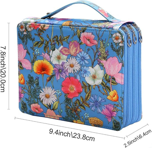 Vomgomfom Colored Pencil Case - 124 Slot Pencil Holder with Zipper Closure, Twill Fabric Large Capacity Pencil Case for Watercolor Pens or Markers, Artist Organizer (Blue Flower)
