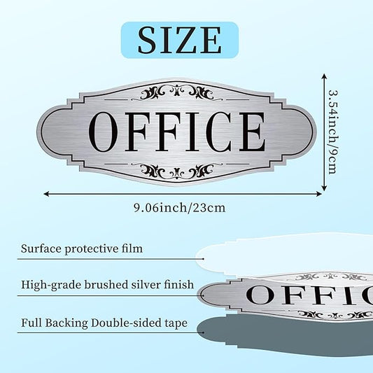 The Office Door Sign for Home and Business,Self-Adhesive Waterproof Brushed Silver Modern Office Sign Sticker for House,Business,Door, Window