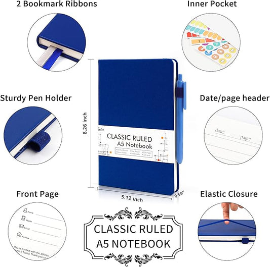 feela College Ruled Notebooks, 18 Pack Business Notebook Bulk Hardcover Lined Writing Journal with Pen Holder for Men Women Note Taking, with 18 Black Pens, 120 GSM, 5.1”x8.3”, A5, Navy
