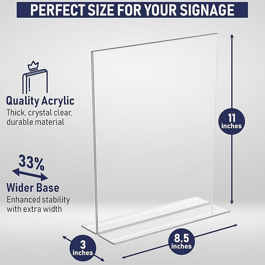 Acrylic Sign Holder 8.5 x 11, T-Shape Tabletop Display Stand, Double-Sided Bottom Load Portrait Frame, Menu and Ad Holder for Restaurants, Promotions, Photos, or Classrooms, Durable Design (3 Pack)
