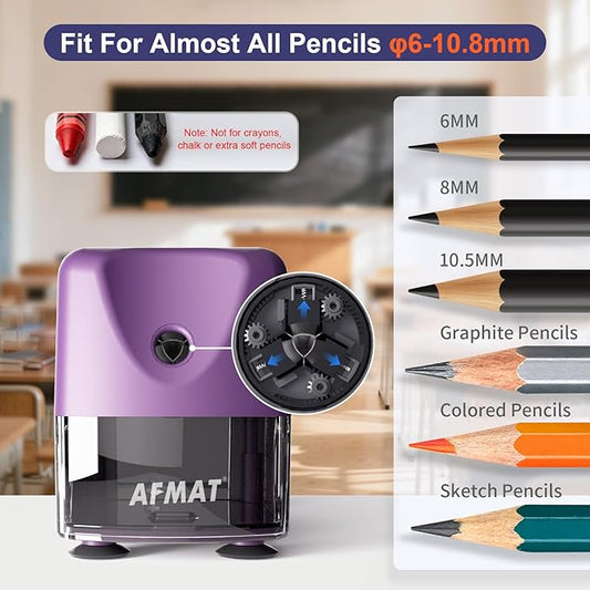 AFMAT Electric Pencil Sharpener Heavy Duty, Cordless & Rechargeable, Classroom Pencil Sharpener for 6-11mm No.2/Colored Pencils, Auto Stop, Fast Sharpen, Save Pencil, 10,000 Sharpenings, Purple, PSD3