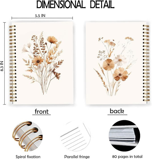 JWVK Fall Wildflower Spiral Notebook, Vintage Boho Neutral Floral Notebooks for Note Taking, Cottagecore Wild Flower Botanical Journal for Writing, Flower Office Supplies, 5.5x8.3 Inch